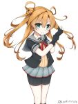  1girl abukuma_(kantai_collection) aqua_eyes bike_shorts blonde_hair commentary_request double_bun gloves hair_between_eyes hair_rings highres kantai_collection long_hair looking_at_viewer remodel_(kantai_collection) school_uniform serafuku shorts_under_skirt skirt smile solo yakitori_(yakitori06) 