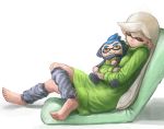  1girl agent_3 alternate_hairstyle barefoot casual ceramic_man chair character_doll closed_eyes commentary_request dress green_dress hair_down hotaru_(splatoon) leg_warmers long_hair mask mole mole_under_eye pillow pointy_ears sleeping solo splatoon squidbeak_splatoon stuffed_toy sweater sweater_dress tentacle_hair white_background 