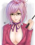  1girl absurdres breasts brown_eyes cleavage collared_shirt commentary glasses hair_bun highres large_breasts lips looking_at_viewer neck_ribbon open_clothes parted_lips pink_hair prison_school ribbon school_uniform shiraki_meiko shirt solo sweetsoupman upper_body whip 