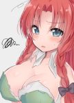  1girl asa_(coco) blush bow braid breasts cleavage green_eyes grey_background hair_bow hair_ornament hong_meiling large_breasts open_mouth redhead solo sweatdrop torn_clothes touhou twin_braids upper_body 