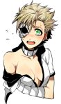  1girl amiya arrancar bleach blonde_hair blush breasts cleavage eyepatch green_eyes menoly_mallia open_mouth short_hair simple_background solo undressing white_background 