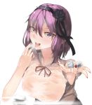  1girl blue_eyes dagashi_kashi flower hair_between_eyes hair_flower hair_ornament hair_ribbon hairband highres hplay ice looking_at_viewer open_mouth outstretched_arm purple_hair ribbon ringed_eyes see-through shidare_hotaru short_hair solo sweat sweating sweating_profusely tongue tongue_out wet wet_clothes 