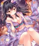  1girl black_hair blush breasts collarbone cowboy_shot dutch_angle floral_print hair_bobbles hair_ornament japanese_clothes kantai_collection kimono knees_together_feet_apart large_breasts light_smile long_hair looking_at_viewer nogi_takayoshi obi sash sitting solo ushio_(kantai_collection) 