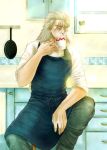  1boy apron ceramics chair cup denim drinking drinking_cup frying_pan hokuto_no_ken kitchen lens_flare long_hair male_focus ninnko no_pupils plant scar scar_across_eye shuu_(hokuto_no_ken) silver_hair sitting sleeves_rolled_up solo sunlight table 