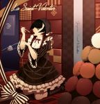  1girl arisawa_kuro bangs black_hair black_legwear blunt_bangs braid brown_eyes chocolate dress food fork fruit high_heels highres kneehighs kneeling macaron nail_polish open_mouth original red_nails solo strawberry teeth tongue twin_braids 