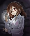  1girl abe_ranzu brown_eyes cellphone glasses lying phone red-framed_glasses shirt smartphone solo touhou usami_sumireko 