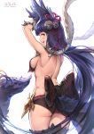  1girl animal_ears arms_up back bell black_hair black_legwear breasts copyright_name fang fox_ears fox_tail from_behind gloves gou_(ga673899) granblue_fantasy hair_bell hair_ornament long_hair looking_at_viewer looking_back open_mouth red_eyes sideboob tail thigh-highs very_long_hair white_background yuel_(granblue_fantasy) 
