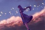  1girl ahoge arms_at_sides clenched_hand clouds dark dress dutch_angle light_particles long_hair looking_afar original purple_hair sakimori_(hououbds) sky solo star_(sky) twilight wind 