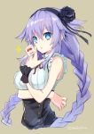  1girl blue_eyes braid breasts cleavage cosplay dagashi_kashi flower hair_flower hair_ornament long_hair looking_at_viewer neptune_(choujigen_game_neptune) neptune_(series) pudding purple_hair purple_heart shidare_hotaru shidare_hotaru_(cosplay) shiitake_urimo solo star symbol-shaped_pupils twin_braids very_long_hair 