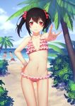  1boy 2girls \m/ bare_arms beach bikini black_hair blurry_background clouds collarbone daye_bie_qia_lian frilled_bikini frills hand_on_hip highres looking_at_viewer love_live!_school_idol_project multiple_girls navel palm_tree red_eyes sand sky small_breasts smile solo_focus swimsuit tree twintails wristband yazawa_nico 