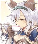  1boy 1girl afterimage animal_ears armor bangs breasts brother_and_sister brown_gloves brown_hair cat_ears circlet cleavage cup drinking ear_twitch erun_(granblue_fantasy) gloves granblue_fantasy hair_between_eyes hair_tubes hairband heles long_hair motion_lines nozomu144 seruel shoulder_pads siblings silver_hair smile star tea teapot twitter_username 