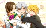  3boys blush bouquet character_name closed_eyes facial_hair flower glasses grey_eyes happy_birthday hazama_michio hug hug_from_behind idolmaster idolmaster_side-m juujiro_eru maita_rui multiple_boys necktie open_mouth s.e.m smile stubble yamashita_jirou 