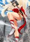  1girl ahri airplane animal_ears black_hair breasts brown_eyes city cleavage detached_sleeves fighter_jet fox_ears fox_tail giantess jet league_of_legends multiple_tails nonoririn panties solo tail underwear yellow_eyes 