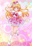  1girl asahina_mirai blonde_hair boots bow cure_miracle earrings full_body gem gloves hair_bow half_updo hanzou hat jewelry knee_boots long_hair looking_at_viewer magic_circle magical_girl mahou_girls_precure! mini_hat mini_witch_hat pink_background pink_bow pink_hat pink_skirt ponytail precure red_bow skirt smile solo standing star v violet_eyes white_boots white_gloves witch_hat 