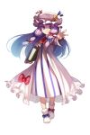  1girl blue_eyes book boots capelet crescent dress full_body hair_ribbon hat kiki_(uxoia) long_hair long_sleeves looking_at_viewer mob_cap open_hand outstretched_arm patchouli_knowledge purple_hair ribbon simple_background smile solo striped striped_dress touhou tress_ribbon white_background wide_sleeves 