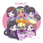  6+girls :&lt; blonde_hair bow braid brown_eyes brown_hair choroko_(osomatsu-san) dark_skin earrings fan ganguro glasses grin hair_bow hair_bun hand_on_another&#039;s_shoulder hat heart heart_in_mouth ichiko_(osomatsu-san) jewelry juushiko_(osomatsu-san) karako_(osomatsu-san) multiple_girls nightcat one_eye_closed open_mouth osoko_(osomatsu-san) osomatsu-san paper_fan ponytail sextuplets siblings sisters smile sunglasses sunglasses_on_head todoko_(osomatsu-san) twin_braids uchiwa yellow_eyes 