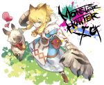  1girl animal_ears arm_warmers bag bangs bell bell_collar blonde_hair blush bow braid cat_ears collar copyright_name dress extra_ears from_above full_body green_eyes hair_between_eyes hair_tie half_updo heart hood long_hair looking_at_another looking_at_viewer monster_hunter monster_hunter_x muufa neck_ribbon nekojo paint_splatter paw_print pointy_ears ribbon ryuuta_(ipse) shield side_braids sidelocks smile solo standing 