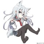  1girl animal_ears grey_eyes hibiki_(kantai_collection) highres kantai_collection kemonomimi_mode long_hair looking_at_viewer neckerchief no_hat pantyhose school_uniform serafuku silver_hair solo tail triangle_mouth twitter_username yakitori_(yakitori06) 