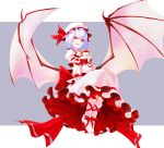  1girl absurdres bat_wings blue_hair cup dish frills full_body hat hat_ribbon highres looking_at_viewer mappe_(artist) mob_cap nail_polish open_mouth puffy_sleeves red_eyes remilia_scarlet ribbon sash shirt shoes short_hair short_sleeves skirt skirt_set smile solo teacup touhou wings wrist_cuffs 