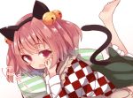  1girl :o animal_ears barefoot bell beni_shake blush bow cat_ears cat_tail checkered checkered_shirt fake_animal_ears fang feet hair_bell hair_bow hair_ornament japanese_clothes kimono looking_at_viewer motoori_kosuzu open_mouth pillow pink_hair red_eyes shirt short_hair solo tail toes touhou two_side_up 