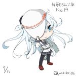  1girl blue_eyes cannon chibi covering_one_eye flat_cap hammer_and_sickle hand_on_headwear hat hibiki_(kantai_collection) kantai_collection long_hair looking_at_viewer remodel_(kantai_collection) school_uniform silver_hair skirt smile solo star thigh-highs twitter_username verniy_(kantai_collection) yakitori_(yakitori06) 
