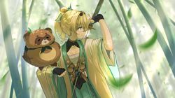  1girl animal_on_arm arm_up bamboo bamboo_forest bangs black_gloves blonde_hair blue_eyes blue_skirt chest_sarashi commentary_request fingerless_gloves forest gloves haori highres holding holding_sword holding_weapon hololive japanese_clothes kazama_iroha leaf long_sleeves looking_away looking_to_the_side nature outdoors parted_lips ponytail sarashi sheath short_hair skirt solo sword unsheathing virtual_youtuber weapon weapon_on_back yoruillust 