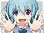  1girl blue_eyes blue_hair closed_eyes gia_(abab0707) hair_between_eyes heterochromia iei juliet_sleeves long_sleeves open_mouth outstretched_hand puffy_sleeves red_eyes short_hair tatara_kogasa tongue tongue_out touhou 
