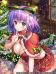  1girl bow breasts capelet christmas_tree cleavage green_eyes hair_bow official_art pochadon purple_hair short_hair solo 