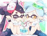  2girls aori_(splatoon) ayakashi_(monkeypanch) bare_shoulders black_hair brown_eyes chin_rest closed_eyes cup detached_collar dress drink drinking drinking_glass drinking_straw earrings food food_on_head glass gloves hand_on_own_cheek head_rest heart_straw highres hotaru_(splatoon) jewelry long_hair looking_at_viewer mask multiple_girls object_on_head pointy_ears short_hair sitting smile splatoon table tentacle_hair white_gloves 