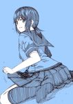  blue_background commentary_request from_behind fubuki_(kantai_collection) kantai_collection kouji_(campus_life) looking_back low_ponytail sitting wariza 