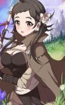  1girl blush breasts brown_hair cape cleavage echizen_(hvcv) fire_emblem fire_emblem_if flower freckles hair_flower hair_ornament lance large_breasts long_hair mozume_(fire_emblem_if) open_mouth polearm solo twintails weapon 