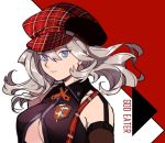  1girl alisa_ilinichina_amiella bare_shoulders black_gloves blue_eyes breasts cabbie_hat elbow_gloves fingerless_gloves gloves god_eater god_eater_burst hat long_hair looking_at_viewer silver_hair smile solo under_boob 