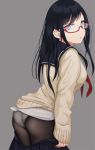  1girl ass black_hair black_legwear blue_eyes glasses highres leaning_forward long_hair looking_at_viewer mole original panties panties_under_pantyhose pantyhose pleated_skirt red-framed_glasses saitou_(lynx-shrike) school_uniform simple_background skirt solo underwear undressing white_panties 