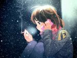  1girl brown_eyes brown_hair cellphone cigarette coat commentary denim holding_phone jeans light original pants phone profile red_eyes red_scarf scarf sitting smoke snot_trail snow snowing solo thomas_hewitt 