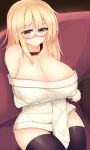  1girl blonde_hair breasts cleavage collar glasses highres kubiwa_(kutan) kutan large_breasts long_hair original red_eyes ribbed_sweater solo sweater thigh-highs 