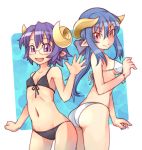  2girls ass bikini black_bikini blue_hair blush_stickers bow character_request demon_horns front-tie_top glasses hair_between_eyes hair_bow horns ibarahime_shizuka long_hair looking_at_viewer looking_back multiple_girls navel open_mouth pointy_ears pori_(poritan81) purple_hair red_eyes shinrabanshou short_hair sidelocks smile swimsuit violet_eyes waving white_bikini 