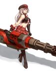  1girl alisa_ilinichina_amiella bare_shoulders black_gloves black_legwear blue_eyes boots breasts cabbie_hat elbow_gloves fingerless_gloves gloves god_eater god_eater_burst gun hat hobenkei holding_weapon huge_weapon long_hair looking_at_viewer pantyhose silver_hair simple_background skirt smile solo suspender_skirt suspenders thigh-highs thigh_boots under_boob weapon 