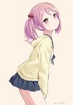  1girl ica jacket kantai_collection pink_eyes pink_hair sazanami_(kantai_collection) school_uniform serafuku solo twintails 