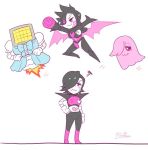 &gt;:3 1other :3 androgynous android arm_cannon artist_name black_hair blue_dress commentary crossdressinging dress flying ghost hato_moa heart mettaton mettaton-ex mettaton_(ghost) mettaton_neo multiple_persona red_eyes robot spoilers squiggle underswap undertale weapon wings