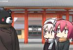  3girls =_= alternate_costume animalization architecture bear blush_stickers coat commentary dated east_asian_architecture hamu_koutarou harusame_(kantai_collection) hat i-168_(kantai_collection) kantai_collection kumano_(kantai_collection) multiple_girls overcoat pink_hair redhead scarf side_ponytail sweater turtleneck_sweater 