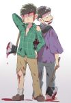  2boys axe barefoot black_hair blood blood_on_face bloody_clothes brothers constricted_pupils green_shirt hanten_(clothes) male_focus matsuno_choromatsu matsuno_ichimatsu messy_hair mikanmochi multiple_boys osomatsu-kun osomatsu-san plaid plaid_shirt shirt siblings surgical_mask torn_clothes weapon 