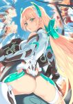  1girl angela_balzac ass blonde_hair blush breasts elbow_gloves from_behind gloves green_eyes hair_ornament headgear holographic_interface large_breasts leotard long_hair looking_at_viewer looking_back low_twintails metallican rakuen_tsuihou solo twintails very_long_hair 