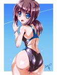  1girl :d artist_name ass back blue_eyes blue_sky blush brown_hair competition_swimsuit condensation_trail dated eyebrows eyebrows_visible_through_hair from_behind fubuki_(kantai_collection) hair_between_eyes hair_over_shoulder hands_up kantai_collection long_hair looking_at_viewer looking_back miuku_(marine_sapphire) one-piece_swimsuit open_mouth ponytail shiny shiny_clothes shiny_hair shiny_skin shoulder_blades sidelocks skin_tight sky smile solo standing swimsuit thigh_gap wet wristband 