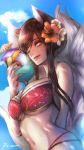  1girl ahri alternate_costume alternate_hairstyle arm_behind_back bibiko black_hair breasts cup from_side hair_over_one_eye hair_up highres large_breasts league_of_legends licking_lips looking_at_viewer midriff multiple_tails navel one_eye_closed slit_pupils solo tail tongue tongue_out under_boob upper_body whisker_markings yellow_eyes 
