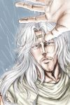  1boy blue_background brown_eyes circlet covering facial_hair hand_up hokuto_no_ken long_hair male_focus ninnko rain silver_hair solo teeth toki_(hokuto_no_ken) water_drop 