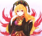  1girl black_dress blonde_hair chinese_clothes dress energy hat junko_(touhou) long_hair long_sleeves mayo_(mayomr29) multiple_tails open_mouth red_eyes sash smile solo tabard tail touhou very_long_hair wide_sleeves 