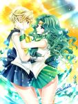  2girls aqua_eyes aqua_hair bishoujo_senshi_sailor_moon blonde_hair blue_bow blue_skirt bow choker cowboy_shot eye_contact gloves green_skirt kaiou_michiru long_hair looking_at_another magical_girl multiple_girls outer_senshi pleated_skirt sailor_collar sailor_neptune sailor_senshi sailor_uranus shirataki_kaiseki short_hair signature skirt smile ten&#039;ou_haruka tiara wavy_hair white_gloves yellow_bow 