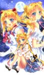  3girls :d absurdres bishoujo_senshi_sailor_moon blonde_hair blue_eyes blush bow cat choker double_bun full_moon gloves hair_ornament hairpin highres long_hair luna_(sailor_moon) magical_girl moon multiple_girls multiple_persona open_mouth princess_serenity red_bow sailor_collar sailor_moon school_uniform serafuku shoes sitting smile socks tiara touki_matsuri tsukino_usagi twintails white_gloves 