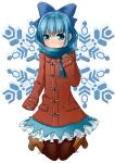  &gt;:( 1girl 4iiil black_ribbon blue_bow blue_eyes blue_hair blue_scarf blue_skirt blush boots bow brown_boots brown_gloves cirno coat eyebrows eyebrows_visible_through_hair frown full_body gloves hair_bow highres knee_boots kneeling leggings long_sleeves looking_at_viewer pocket red_coat ribbon scarf shoelaces simple_background skirt sleeves_past_wrists snowflake_background snowflakes solo sweatdrop tareme thigh_gap touhou white_background 