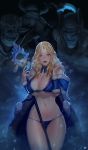  1girl 3boys bikini blonde_hair blue_eyes breasts cleavage defense_of_the_ancients dota_2 highres huge_breasts instant_ip lion lion_(dota_2) long_hair multiple_boys nature&#039;s_prophet_(dota) rhasta_(dota_2) rylai_crestfall staff swimsuit thighs 